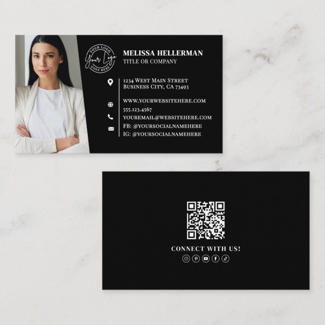 Modern Svart Professionell QR-kod Foto Logotyp Visitkort (Fram/baksida)