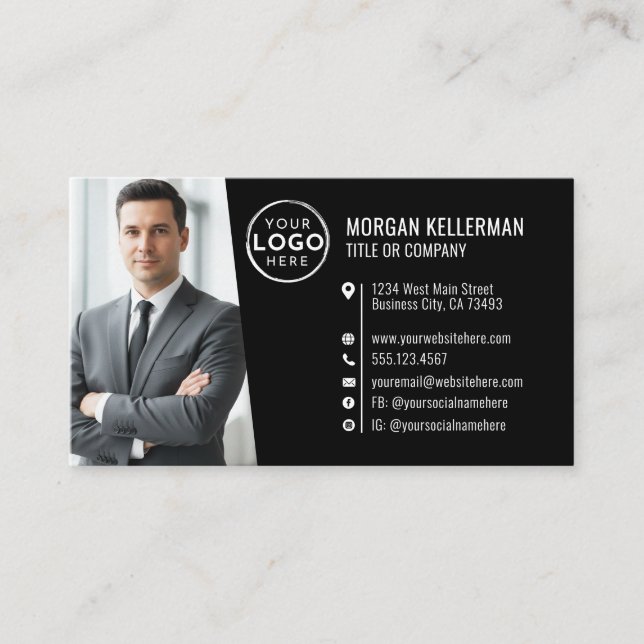 Modern Svart Professionell QR-kod Foto Logotyp Visitkort (Framsida)