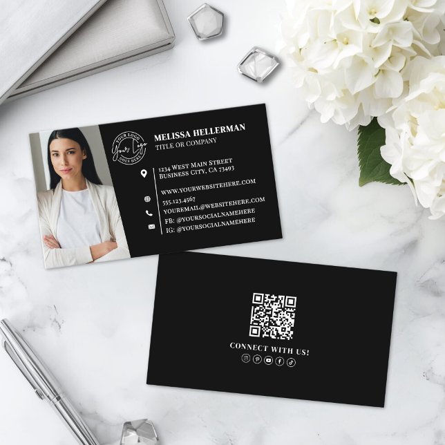 Modern Svart Professionell QR-kod Foto Logotyp Visitkort (Modern Black Professional QR Code Photo Logo Business Card )