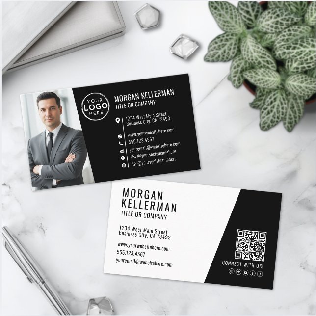 Modern Svart Professionell QR-kod Foto Logotyp Visitkort (Modern Black Professional QR Code Photo Logo Business Card )
