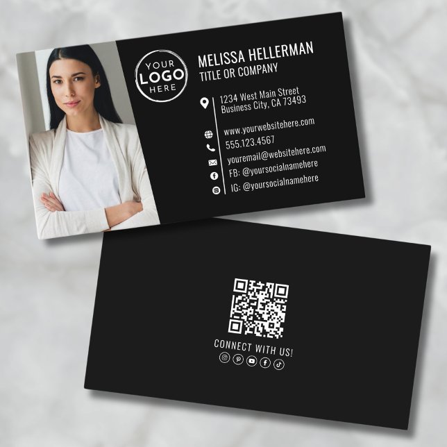 Modern Svart Professionell QR-kod Foto Logotyp Visitkort (Modern Black Professional QR Code Photo Logo Business Card )