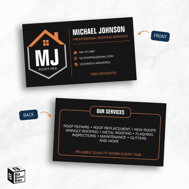 Modern Svart Professionell Takentreprenör Visitkort (Modern Black Professional Roofing Contractor Business Card)