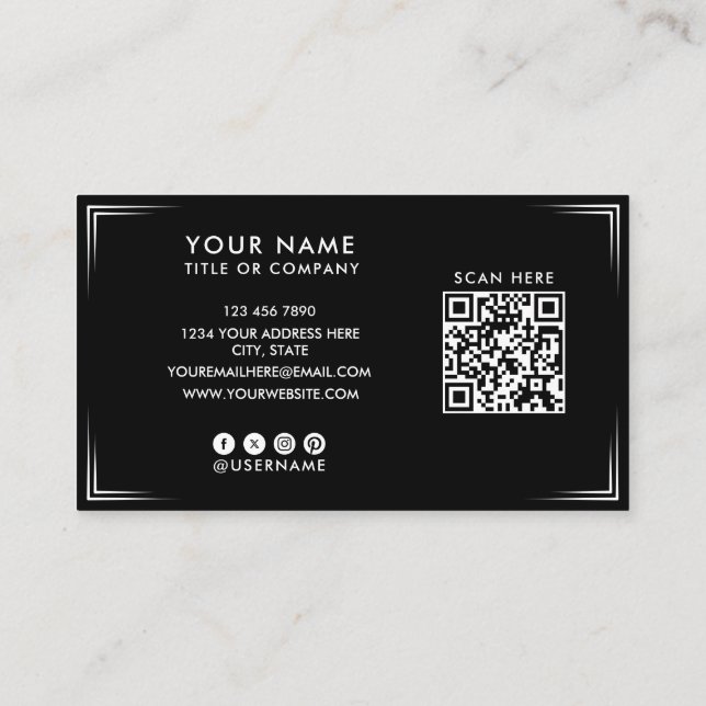 Modern Svart Professionell Visitenkort & QR-kod  Visitkort (Baksida)