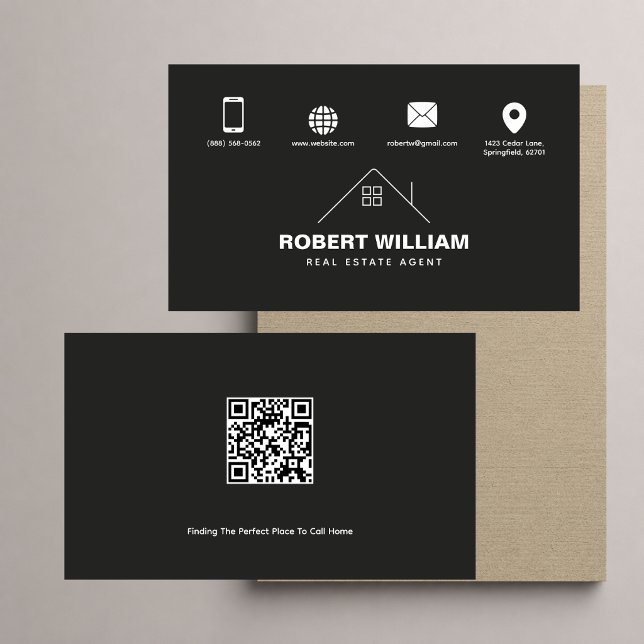 Modern svart QR-kod Fastighetsmäklare Visitkort (Skapare uppladdad)