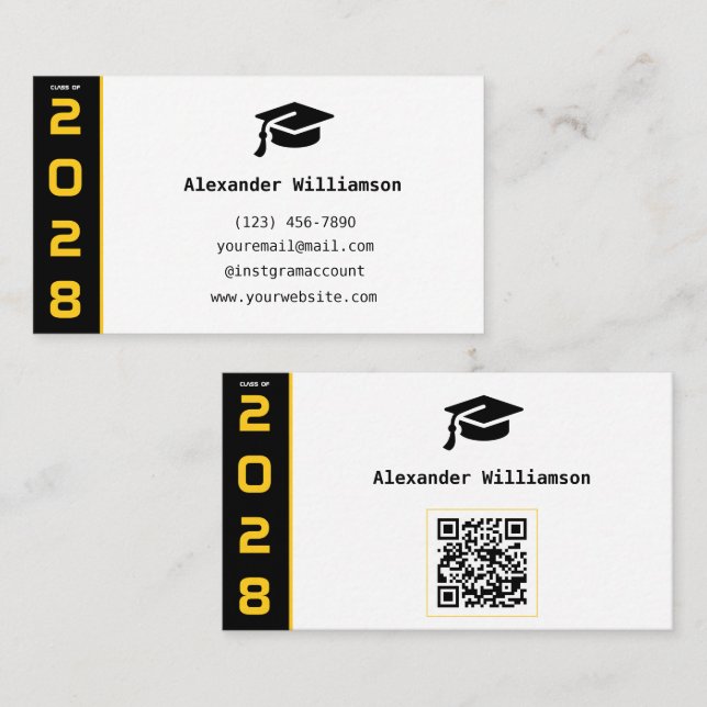 Modern svart QR-kod för examensnamnkort med guldto (Fram/baksida)