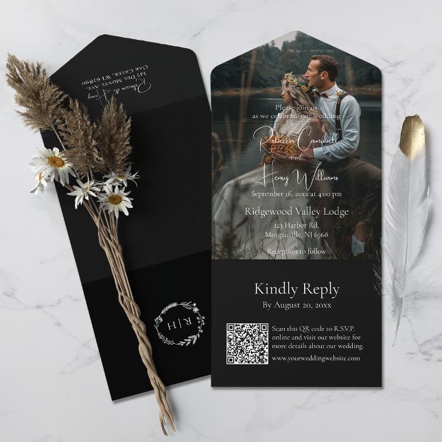 Modern svart QR-kod | Foto | Monogram Bröllop (Save money and time. This all-in-one invitation includes a QR code for guests to  easily RSVP online)