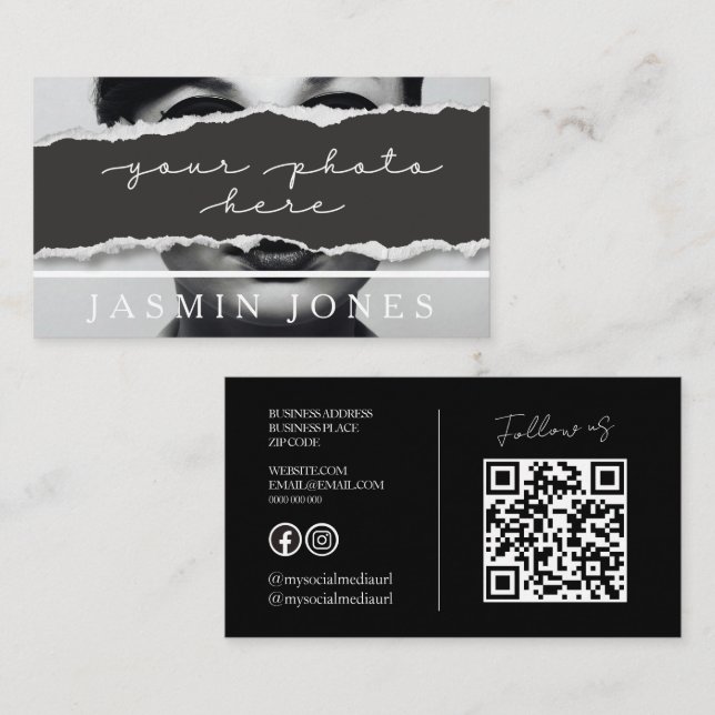 Modern svart QR-kod fotobild Visitkort (Fram/baksida)