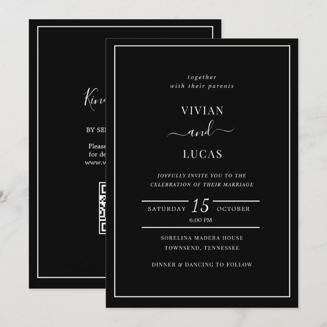 Modern svart QR-kod - minimalt Bröllop Inbjudningar (Fram/baksida)