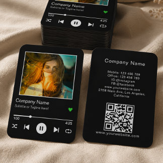 Modern svart QR-kod Musikspelare Låt Foto Visitkort