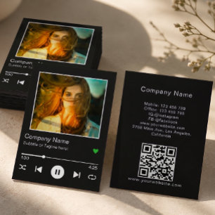 Modern svart QR-kod Musikspelare Låt Foto Visitkort