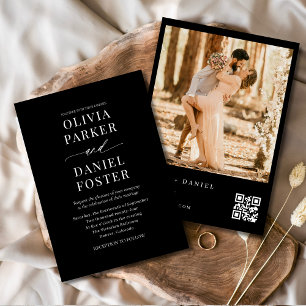 Modern svart QR-kodfoto Elegant bröllop Inbjudningar