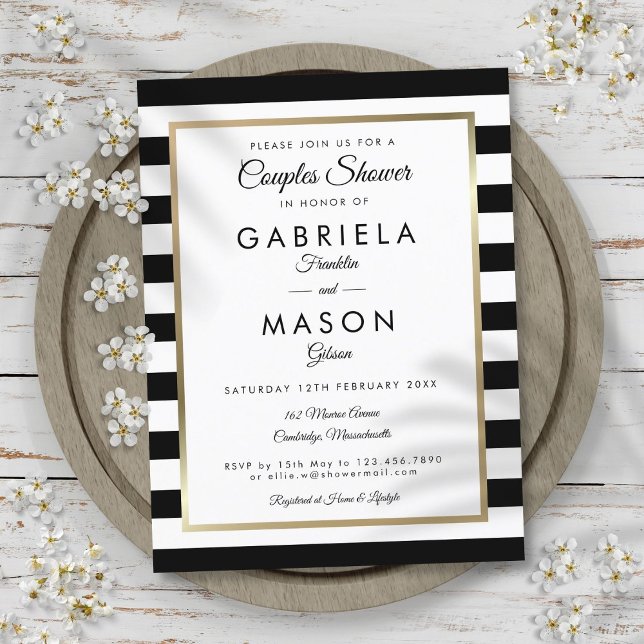 Modern svart randig guldpar bröllopsdusch inbjudan vykort (Modern Black Stripe Gold Couples Shower Invitation Postcard)