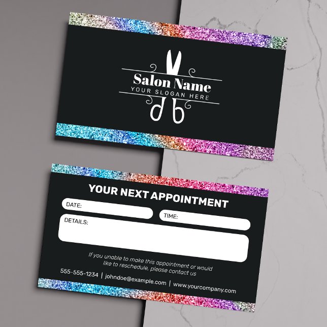 Modern svart & regnbåge glitter salong bokning tidsbeställning kort (Skapare uppladdad)