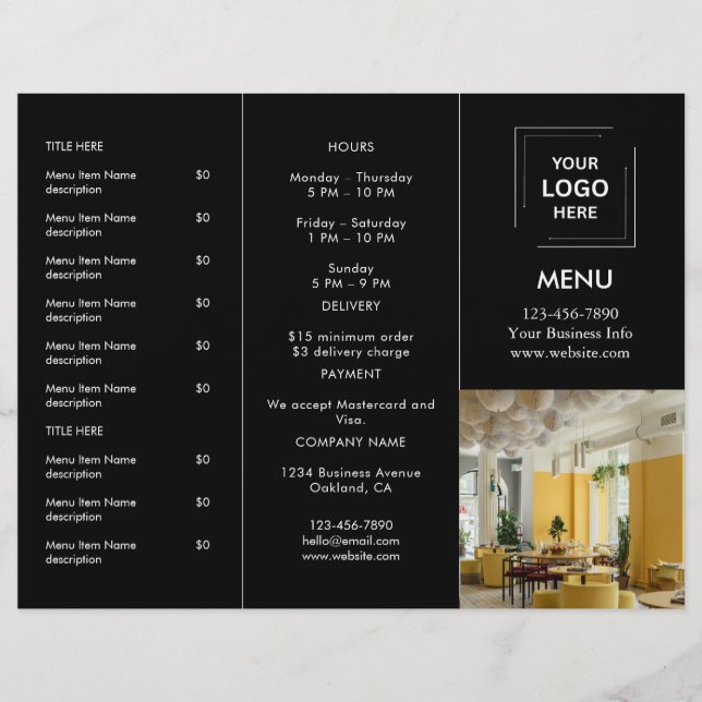 Modern svart restaurang foto takeout meny design (Framsida)