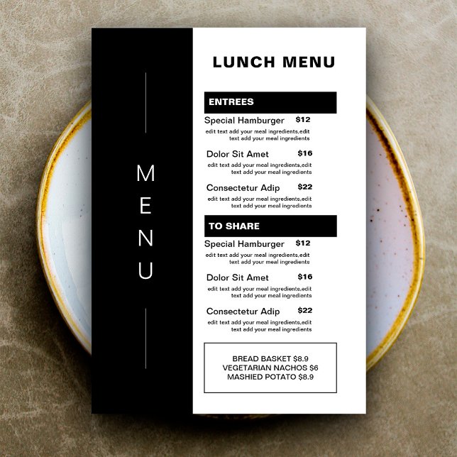 Modern Svart Restaurang Lunchmeny | Prislista Meny (Skapare uppladdad)