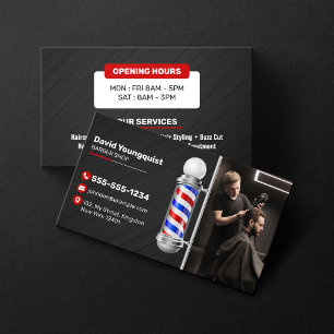 Modern svart & röd barberarstång Hårstylist Visitkort