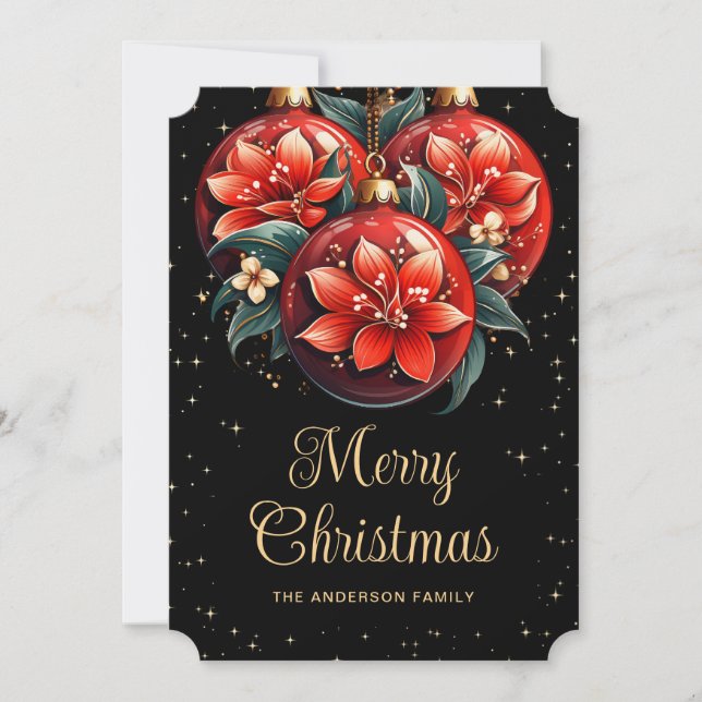 Modern svart röd blommig julkort med ornament (Framsida)