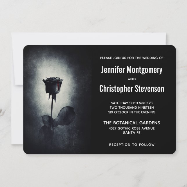 Modern Svart Ros Droppande Blod Kronblad Bröllop Inbjudningar (Framsida)