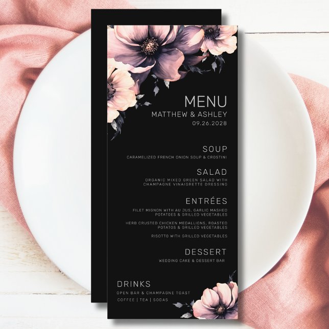 Modern Svart Rosa Blommig Bröllop Meny (Unique Elegant Modern Floral Pink Black Wedding Menu)