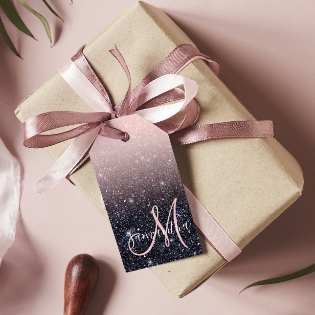 Modern svart & rosa glitter glitter Namn  Presentetikett (Skapare uppladdad)