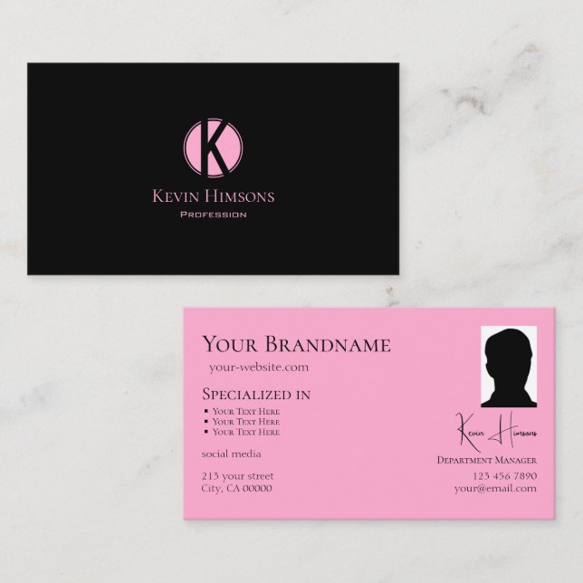 Modern, svart Rosa med Monogram och foto Visitkort (Fram/baksida)