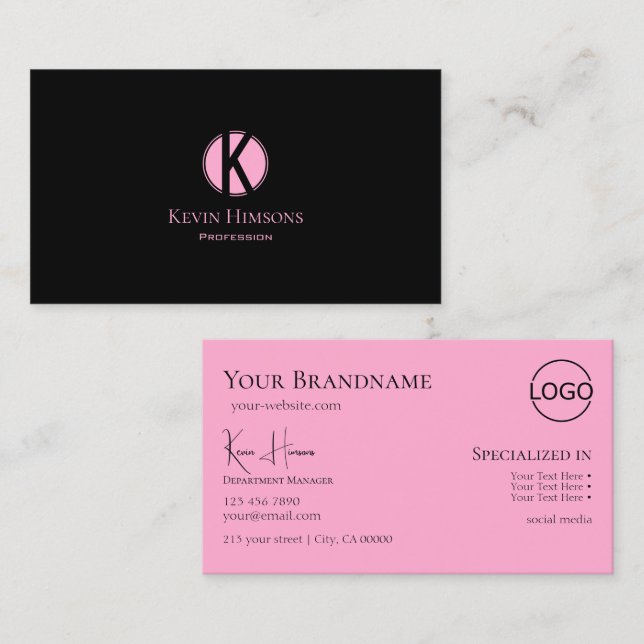Modern, svart Rosa med Monogram och Logotyp Visitkort (Fram/baksida)