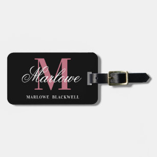 Modern svart, Rosa, monogram Bagagebricka