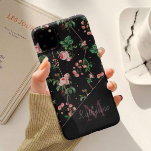 Modern svart rosa monogram med vintageblommor