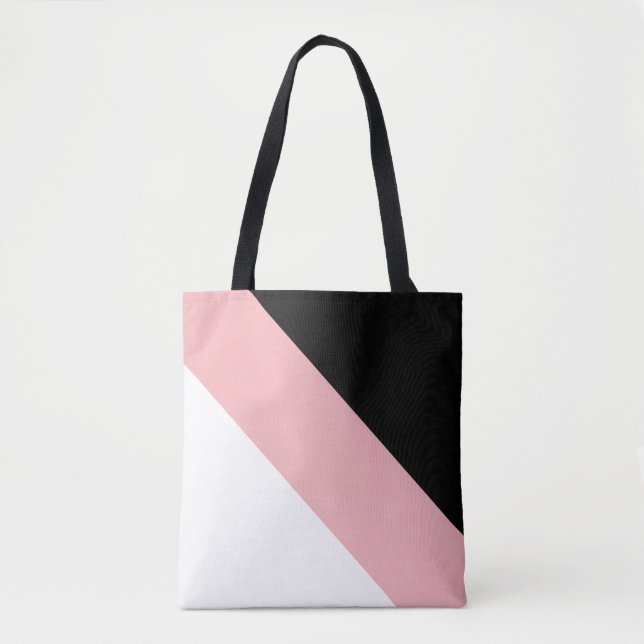 Modern svart rosa och vit diagonalt randig tygkasse (Framsida)