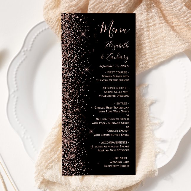 Modern svart rosé glitter kant bröllop meny (Skapare uppladdad)