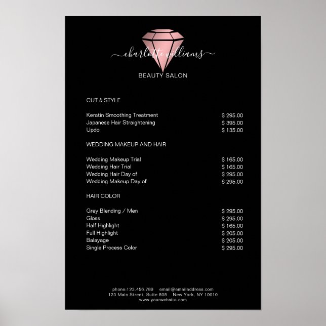 Modern svart roséguld diamant prislista   poster (Framsidan)
