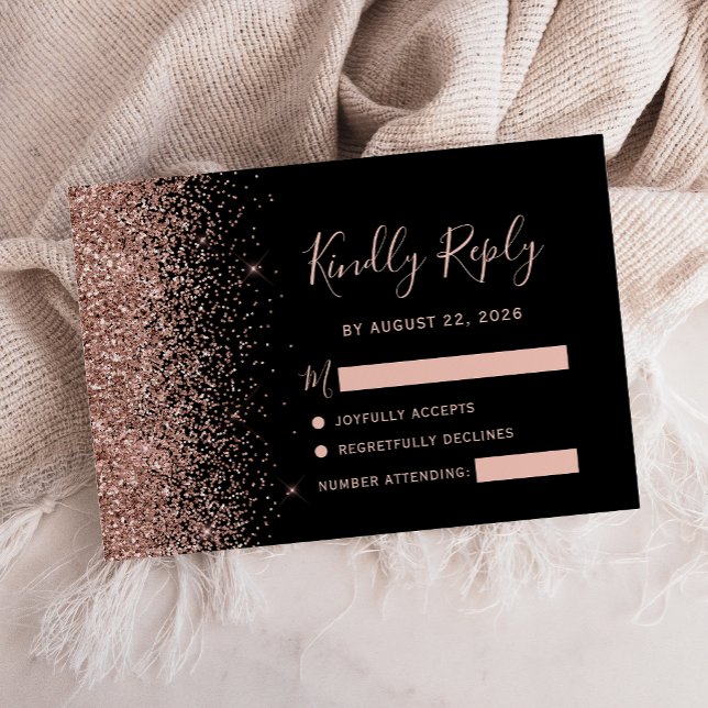 Modern svart roséguld fals glittrande kant RSVP-ko OSA Kort (Skapare uppladdad)