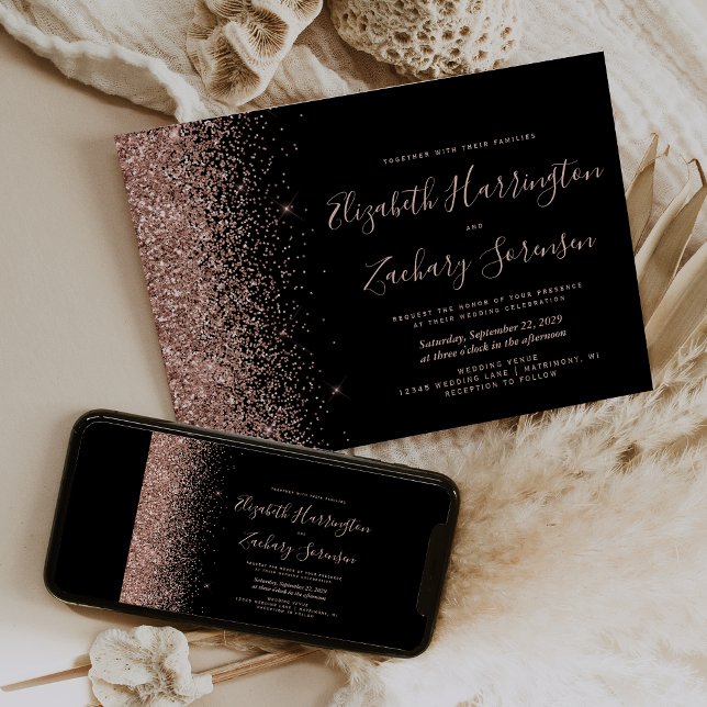 Modern svart roséguld glitter bröllop inbjudningar (Skapare uppladdad)