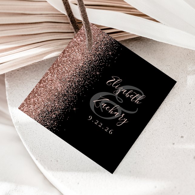 Modern svart roséguld glitterbröllop gåvor etiketter (Skapare uppladdad)