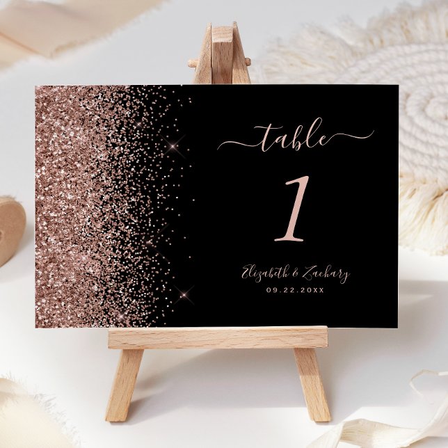 Modern svart roséguld glitterkant bröllop bordsnummer (Skapare uppladdad)