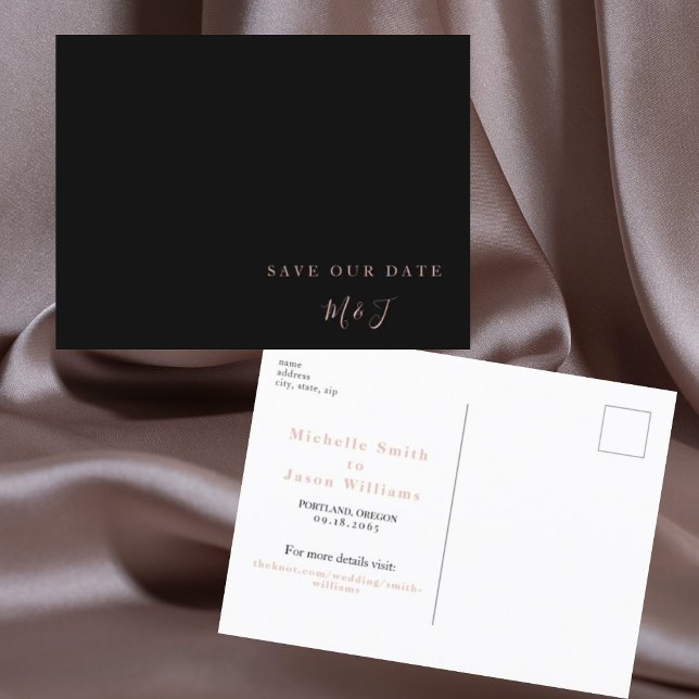 Modern svart & roséguld Save the Date-brevkort Vykort (Skapare uppladdad)