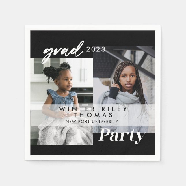 Modern svart sedan och nu två foto-Studentfest Pappersservett (Framsidan)