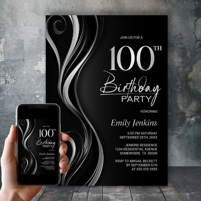 Modern svart Silver 100:e Födelsedagsfesten Inbjudningar (Skapare uppladdad)