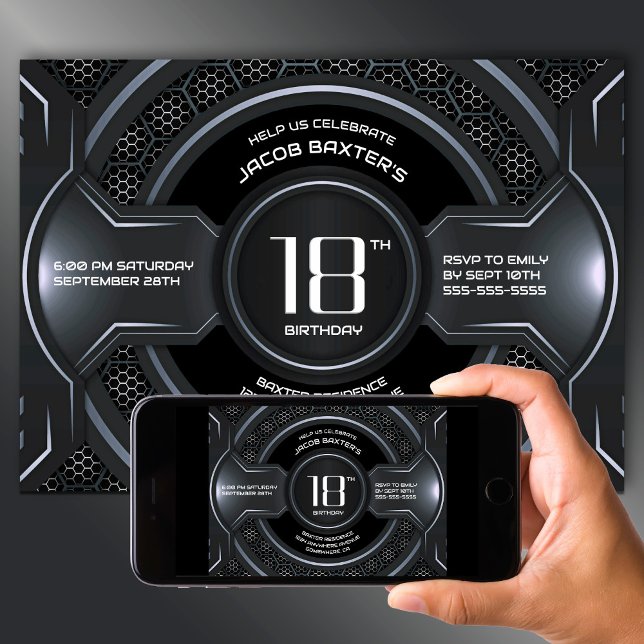 Modern svart silver 18-årsfest </s> inbjudningar (Skapare uppladdad)