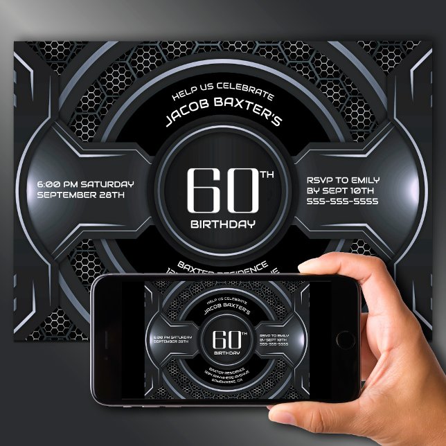 Modern svart Silver 60:e Födelsedagsfesten Inbjudningar (Skapare uppladdad)