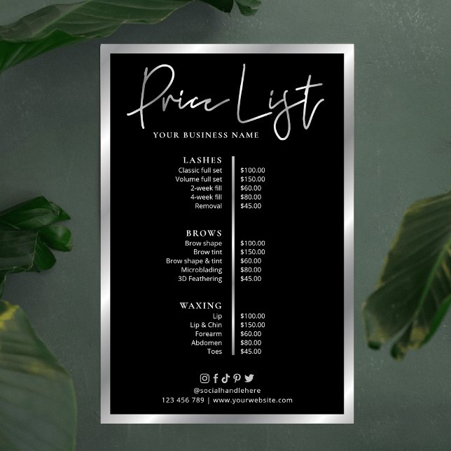 Modern svart & silver affärs prislista meny poster (Black and silver beauty salon, spa or small business pricing list poster)