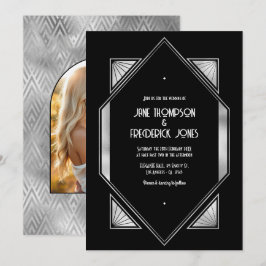 Modern Svart & Silver Gatsby Art Deco Bröllop Inbjudningar