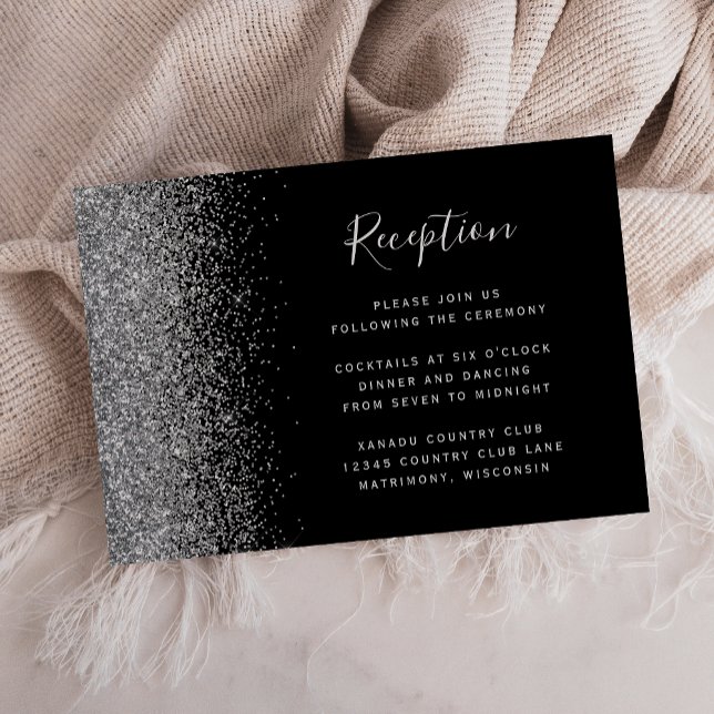 Modern svart silver glitter bröllopsmottagning tilläggskort (Skapare uppladdad)