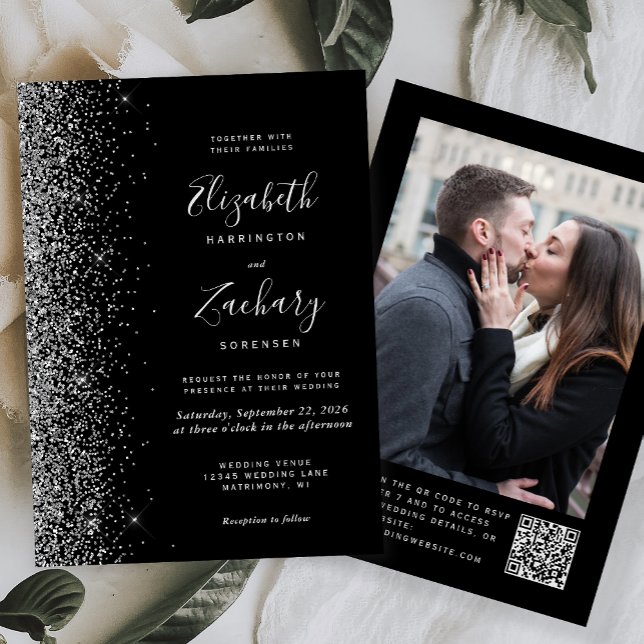 Modern svart silver glitter foto QR-kod bröllop Inbjudningar (Skapare uppladdad)