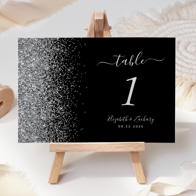 Modern Svart Silver Glitter Kant Bröllop Bordsnummer (Skapare uppladdad)
