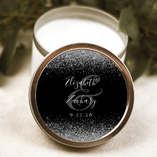 Modern Svart Silver Glitter Kant Bröllop Runt Klistermärke