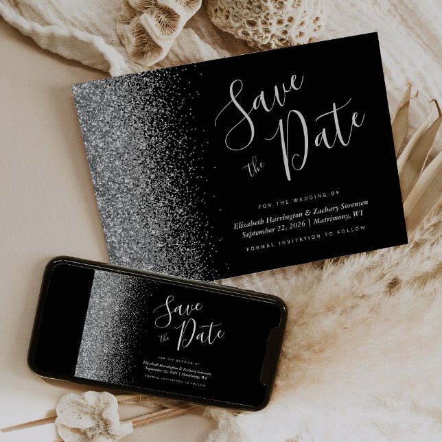Modern svart silver glitter Spara datum-kort Inbjudningar (Skapare uppladdad)