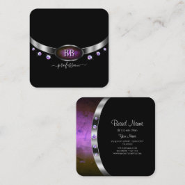 Modern svart silver lila med monogramdiamanter fyrkantigt visitkort