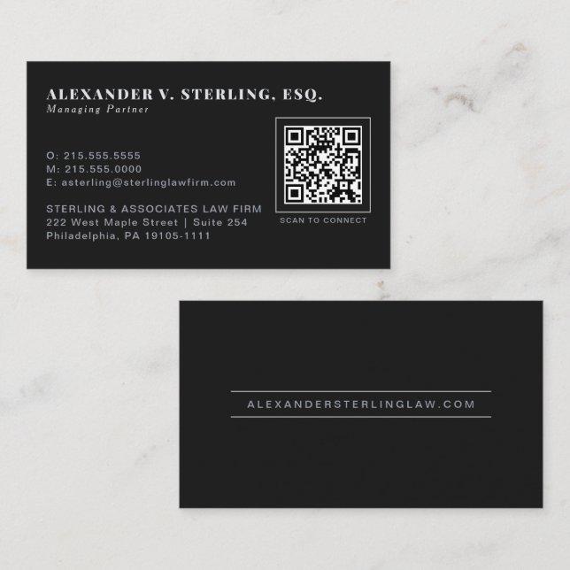 Modern Svart Silver QR-kod Lyx Professionell Visitkort (Fram/baksida)