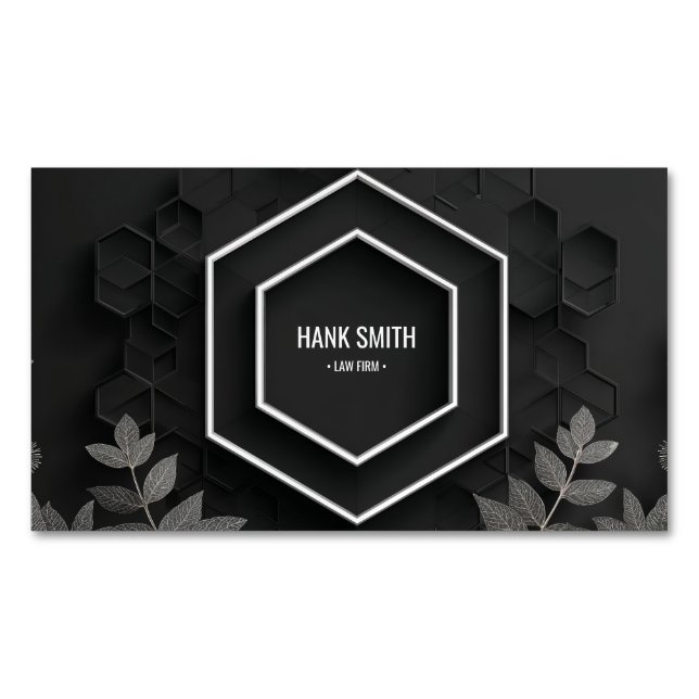 Modern Svart Silverblad Hexagon 3D Bikupa Magnetiska Visitkort (Framsida)